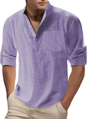 Men's Linen Henley Shirts Casual Cotton 3/4 Sleeve Regular-Fit Summer T-Shirt Breathable Quick Dry Hippie Beach Shirt