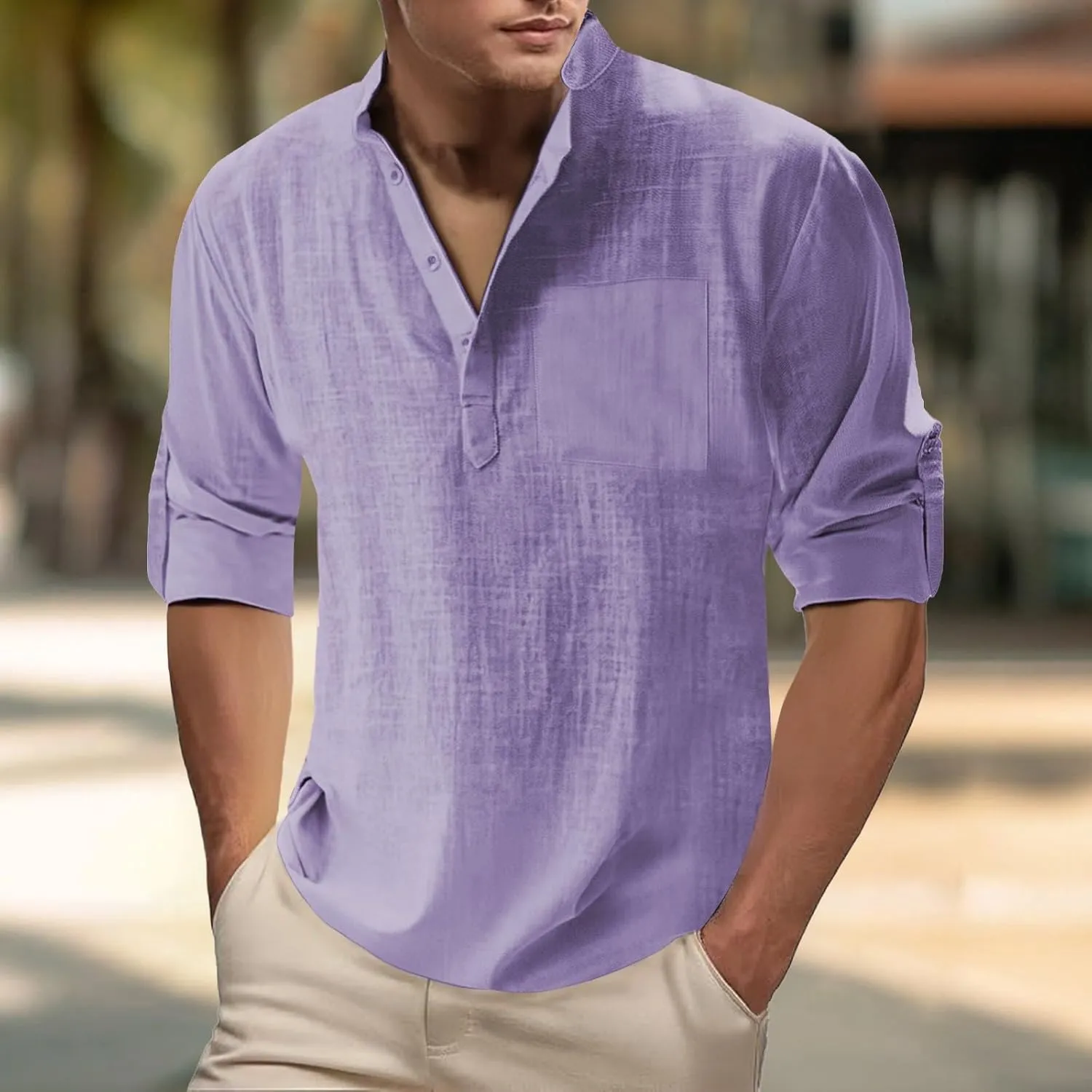 Men's Linen Henley Shirts Casual Cotton 3/4 Sleeve Regular-Fit Summer T-Shirt Breathable Quick Dry Hippie Beach Shirt