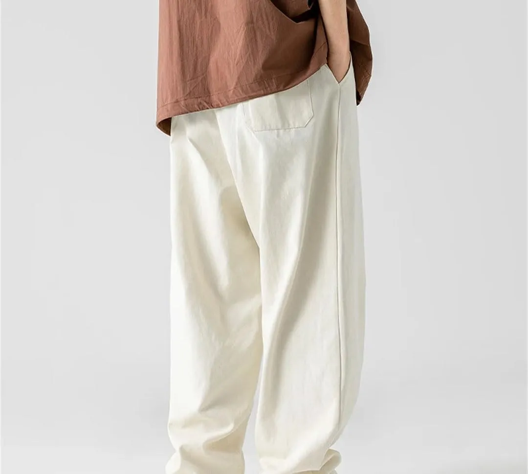 Men's Loose Fit Wide-Leg Cotton Pants with Drawstring Waist Vintage Casual Streetwear Trousers