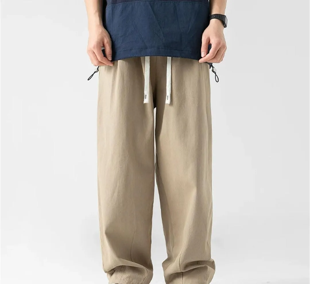 Men's Loose Fit Wide-Leg Cotton Pants with Drawstring Waist Vintage Casual Streetwear Trousers