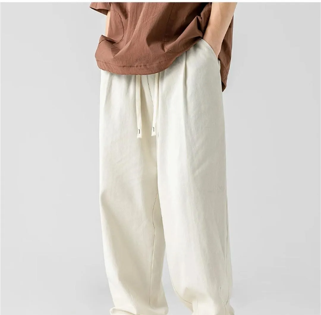Men's Loose Fit Wide-Leg Cotton Pants with Drawstring Waist Vintage Casual Streetwear Trousers