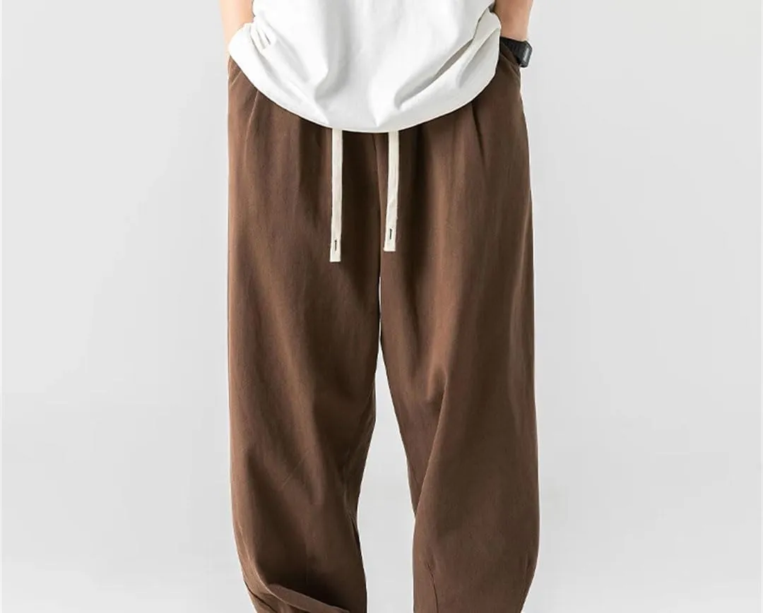 Men's Loose Fit Wide-Leg Cotton Pants with Drawstring Waist Vintage Casual Streetwear Trousers