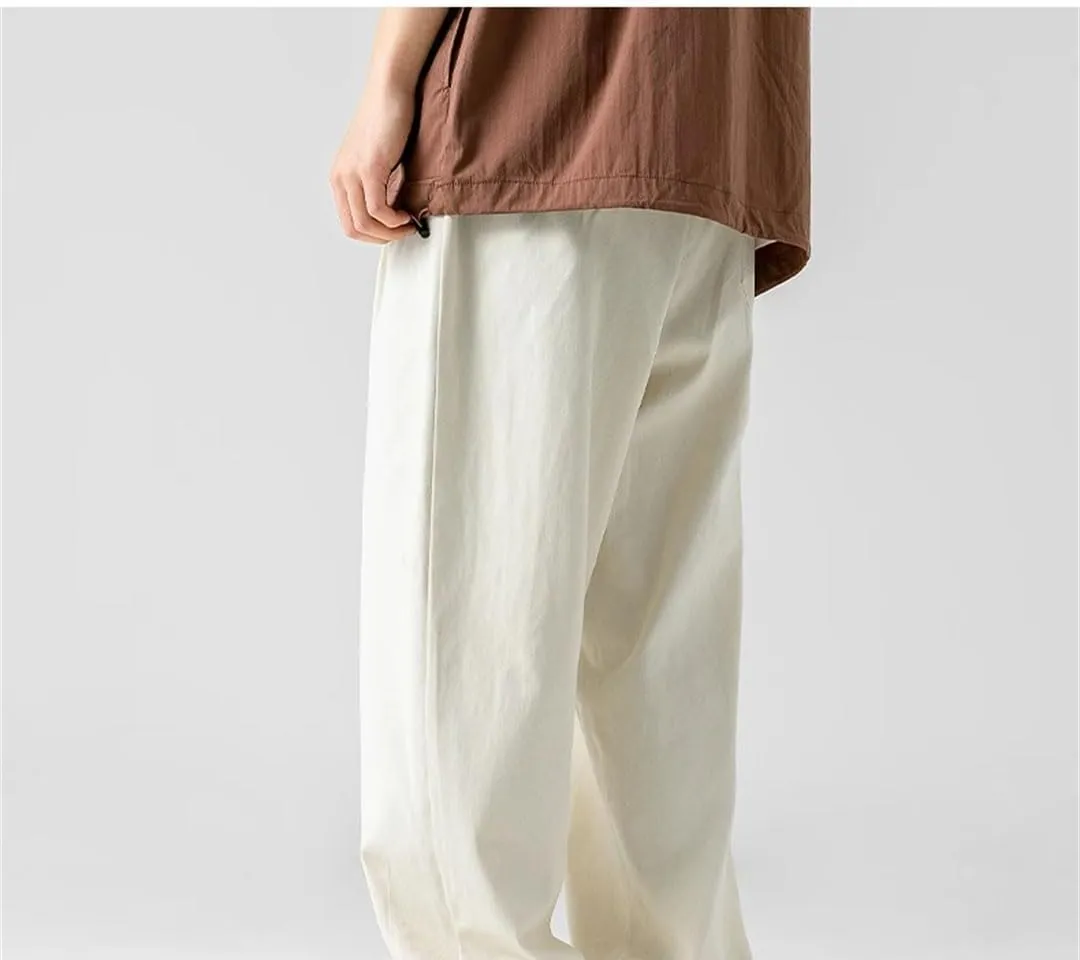 Men's Loose Fit Wide-Leg Cotton Pants with Drawstring Waist Vintage Casual Streetwear Trousers