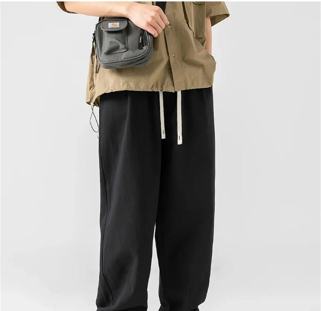 Men's Loose Fit Wide-Leg Cotton Pants with Drawstring Waist Vintage Casual Streetwear Trousers