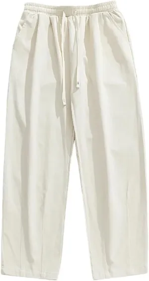 Men's Loose Fit Wide-Leg Cotton Pants with Drawstring Waist Vintage Casual Streetwear Trousers