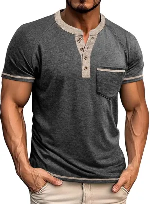 Men's Muscle Slim Henley Shirts Crewneck Short Sleeve Button Down Slim Fit Longline T-Shirt Gym Workout Athletic Tees