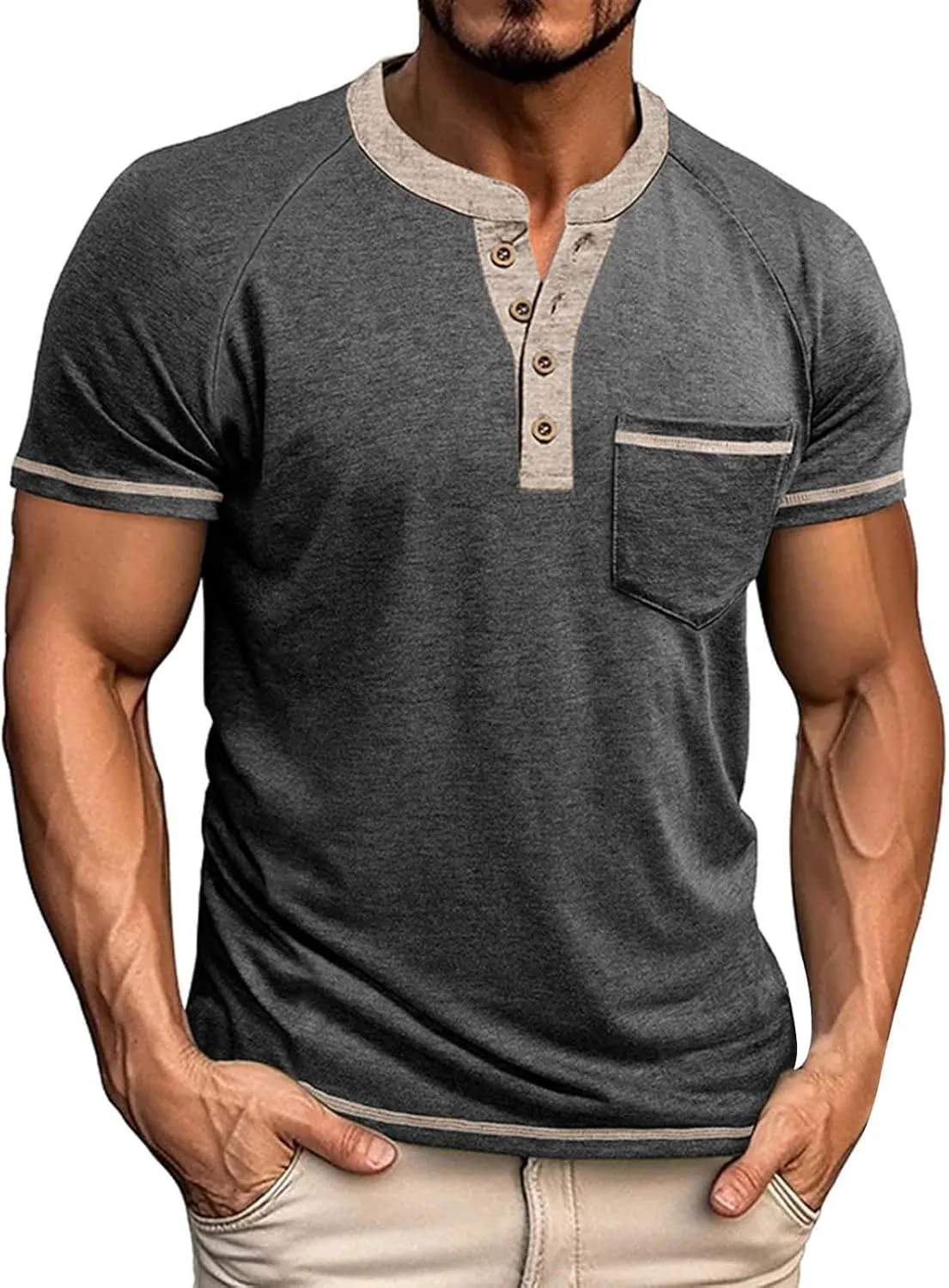 Men's Muscle Slim Henley Shirts Crewneck Short Sleeve Button Down Slim Fit Longline T-Shirt Gym Workout Athletic Tees
