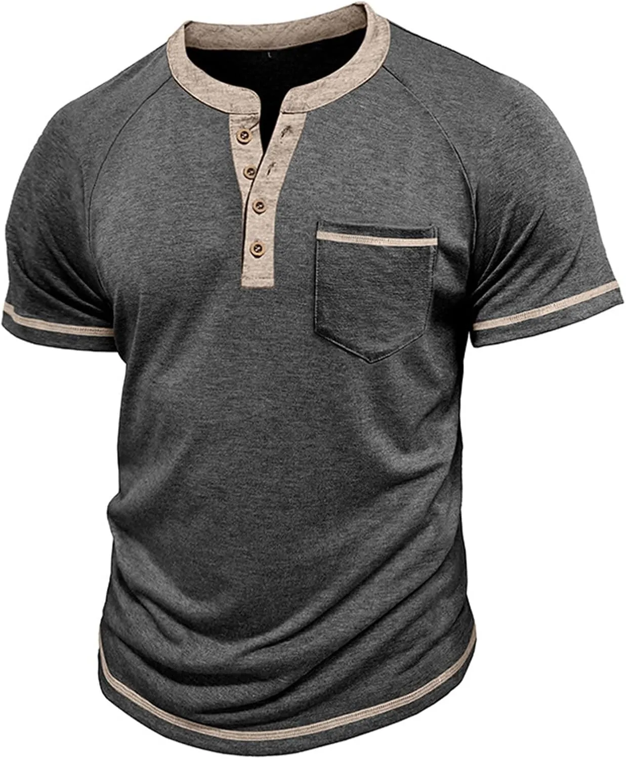 Men's Muscle Slim Henley Shirts Crewneck Short Sleeve Button Down Slim Fit Longline T-Shirt Gym Workout Athletic Tees