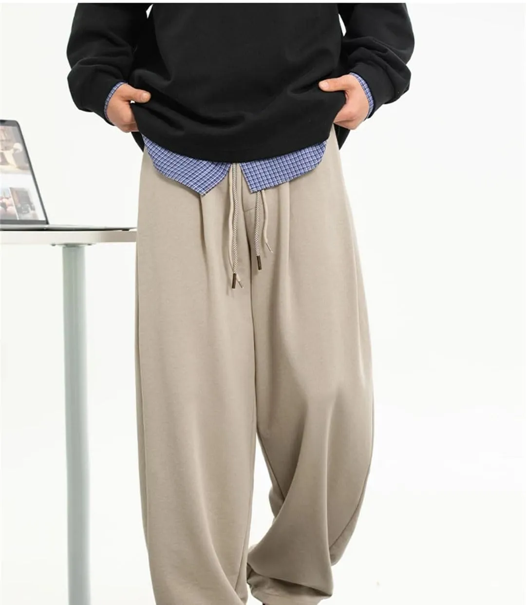Men's Oversized Drop-Crotch Pleated Joggers with Drawstring Waist Japanese Style Casual Pants