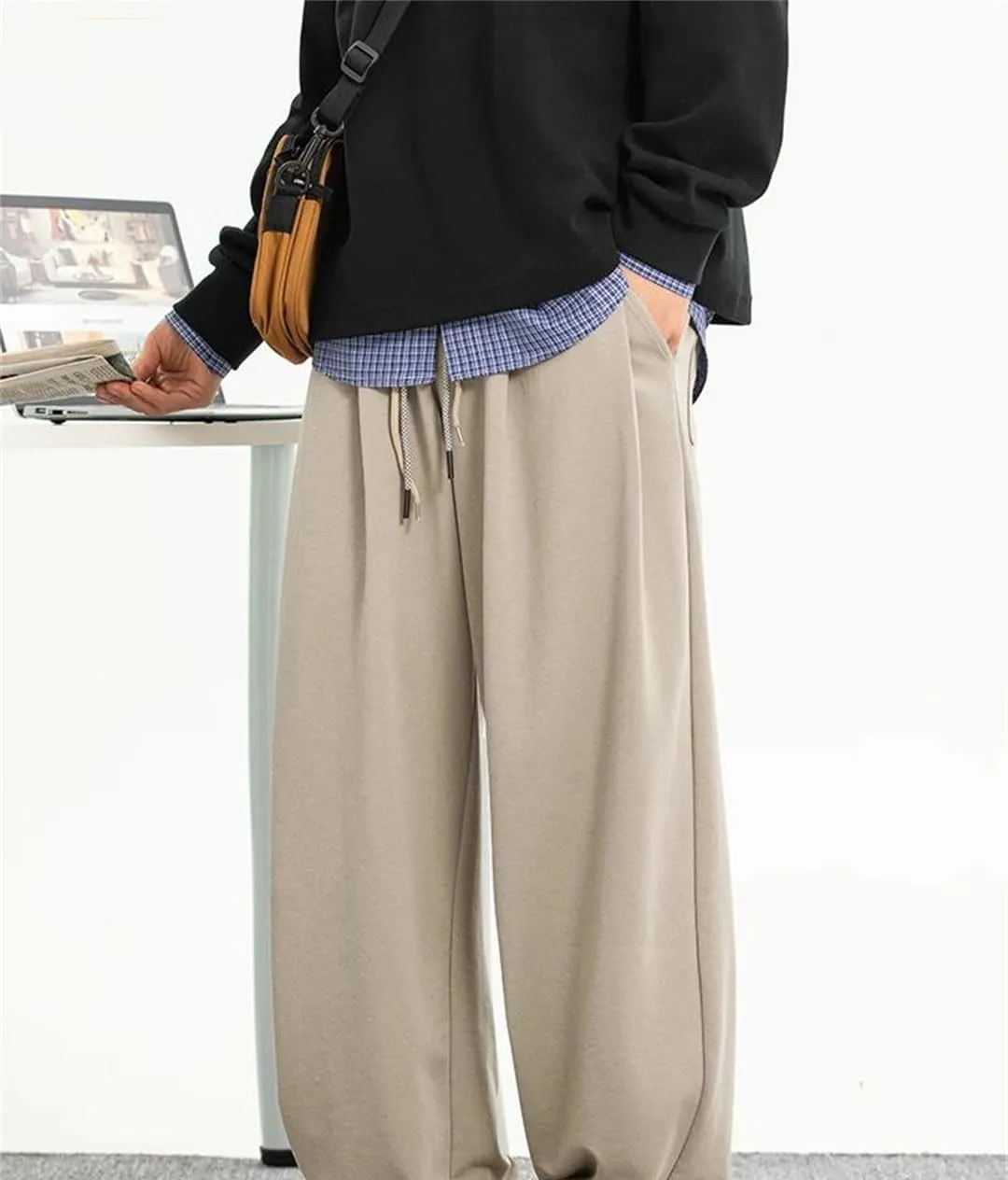 Men's Oversized Drop-Crotch Pleated Joggers with Drawstring Waist Japanese Style Casual Pants
