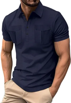 Men's Polo Shirts Short Sleeve Casual Slim Fit Button Golf T Shirt Summer Moisture Wicking Collared Top with Pockets