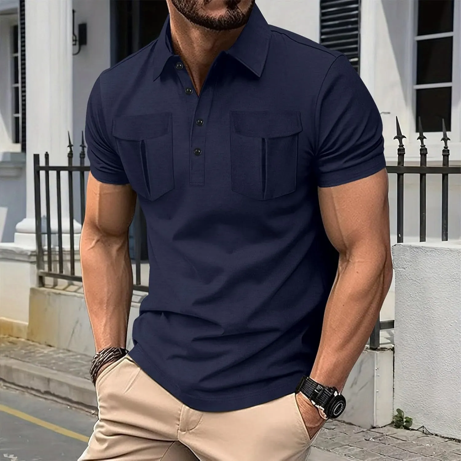 Men's Polo Shirts Short Sleeve Casual Slim Fit Button Golf T Shirt Summer Moisture Wicking Collared Top with Pockets