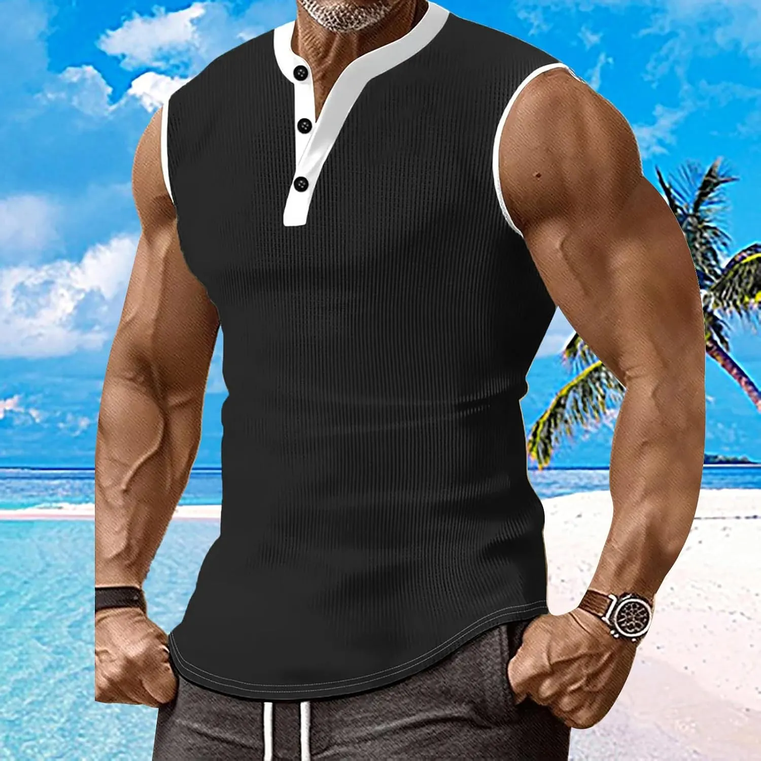 Mens Ribbed Muscle Tank Tops Button Down Slim Fit Sleeveless Henley Shirts Gym Bodybuilding Casual Beach Hippie Shirt
