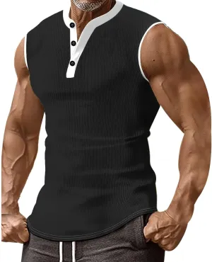 Mens Ribbed Muscle Tank Tops Button Down Slim Fit Sleeveless Henley Shirts Gym Bodybuilding Casual Beach Hippie Shirt