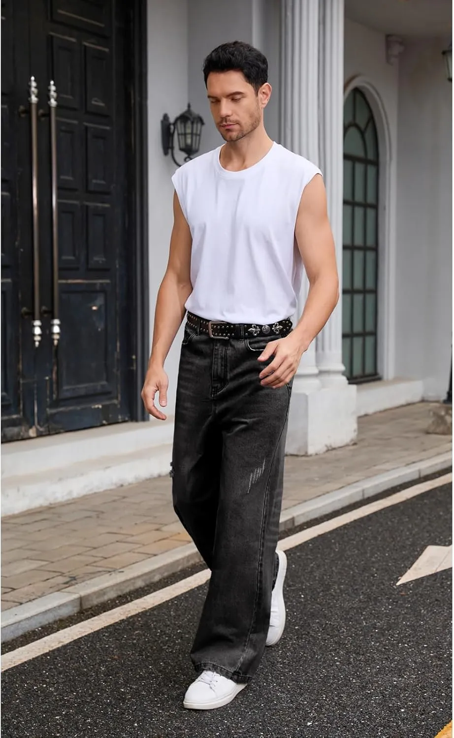 Men's Ripped Baggy Jeans Hip Hop Loose Fit Distressed Denim Pants Wide Leg Streetwear Trousers