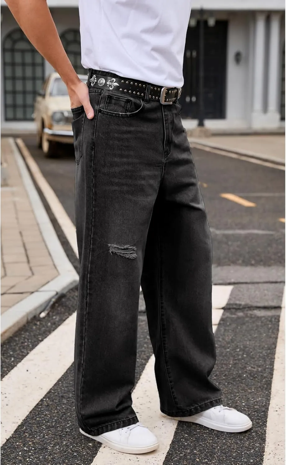Men's Ripped Baggy Jeans Hip Hop Loose Fit Distressed Denim Pants Wide Leg Streetwear Trousers
