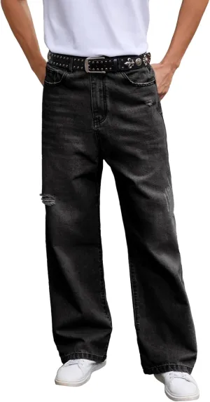 Men's Ripped Baggy Jeans Hip Hop Loose Fit Distressed Denim Pants Wide Leg Streetwear Trousers
