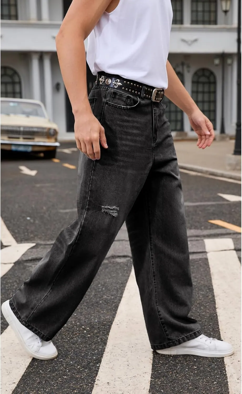 Men's Ripped Baggy Jeans Hip Hop Loose Fit Distressed Denim Pants Wide Leg Streetwear Trousers