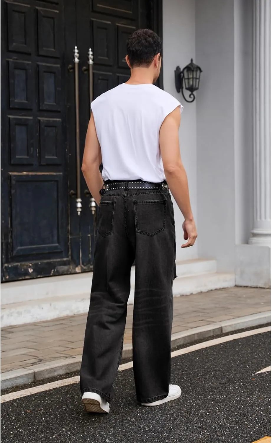 Men's Ripped Baggy Jeans Hip Hop Loose Fit Distressed Denim Pants Wide Leg Streetwear Trousers