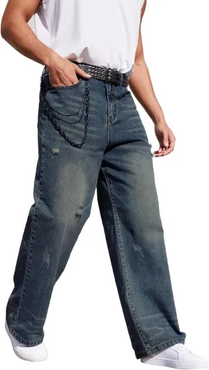 Men's Ripped Baggy Jeans Hip Hop Loose Fit Distressed Wide Leg Denim Pants Streetwear