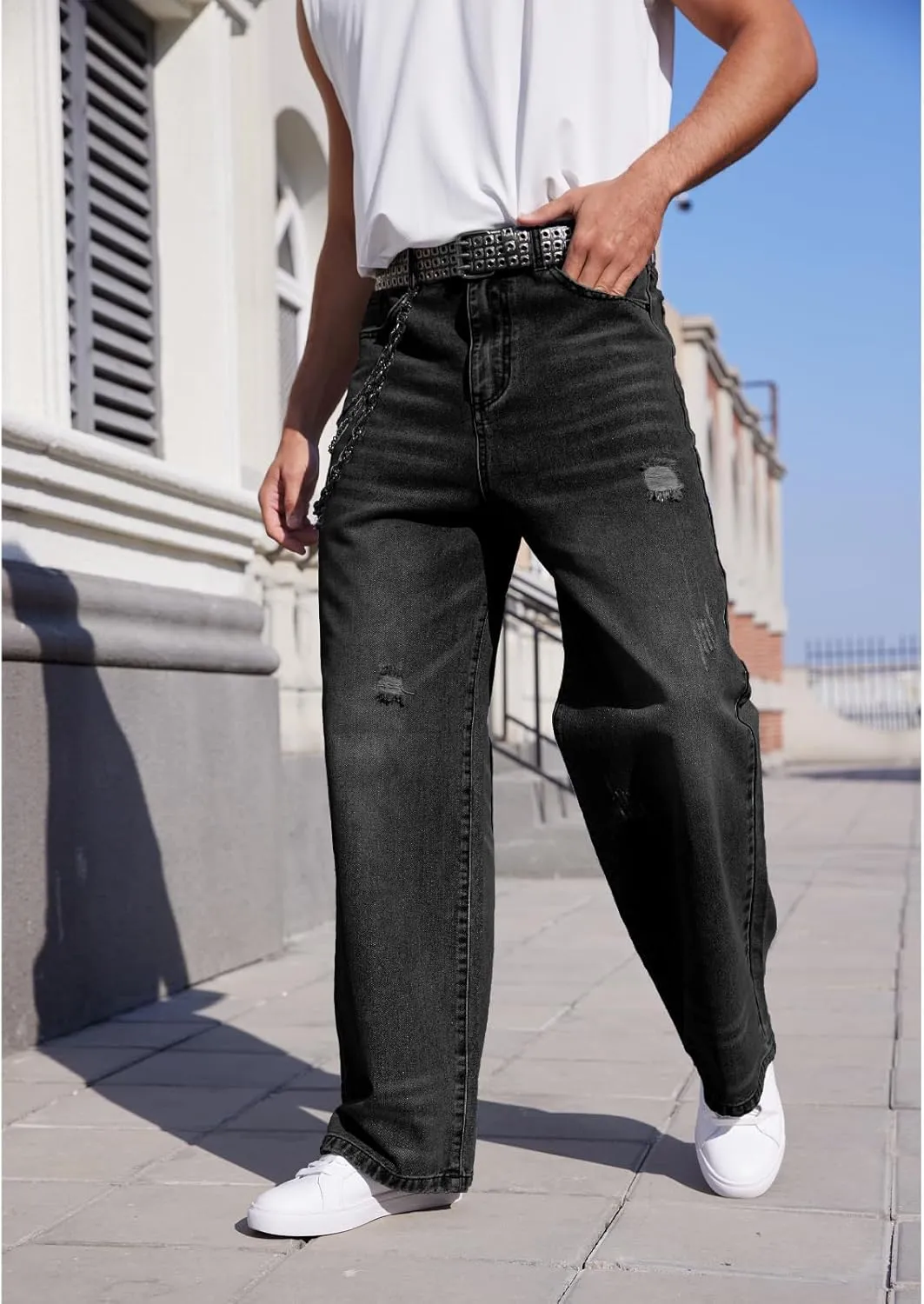Men's Ripped Baggy Jeans Hip Hop Loose Fit Distressed Wide Leg Denim Pants Streetwear