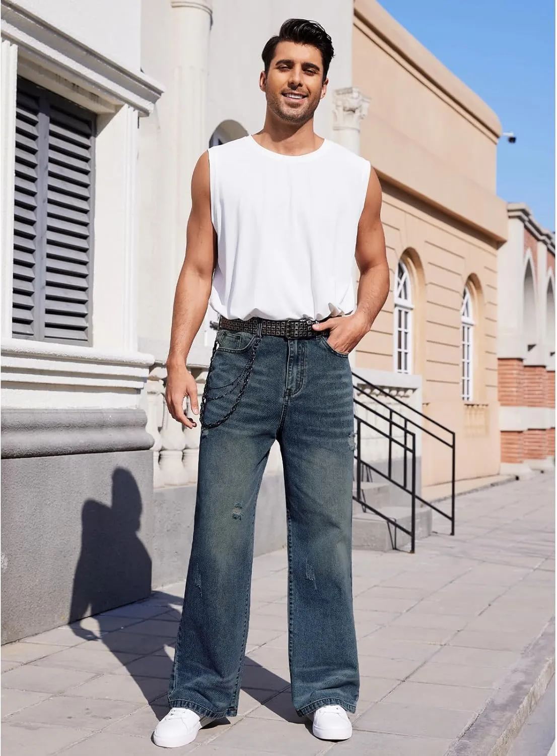 Men's Ripped Baggy Jeans Hip Hop Loose Fit Distressed Wide Leg Denim Pants Streetwear