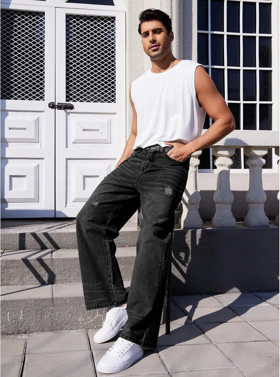 Men's Ripped Baggy Jeans Hip Hop Loose Fit Distressed Wide Leg Denim Pants Streetwear