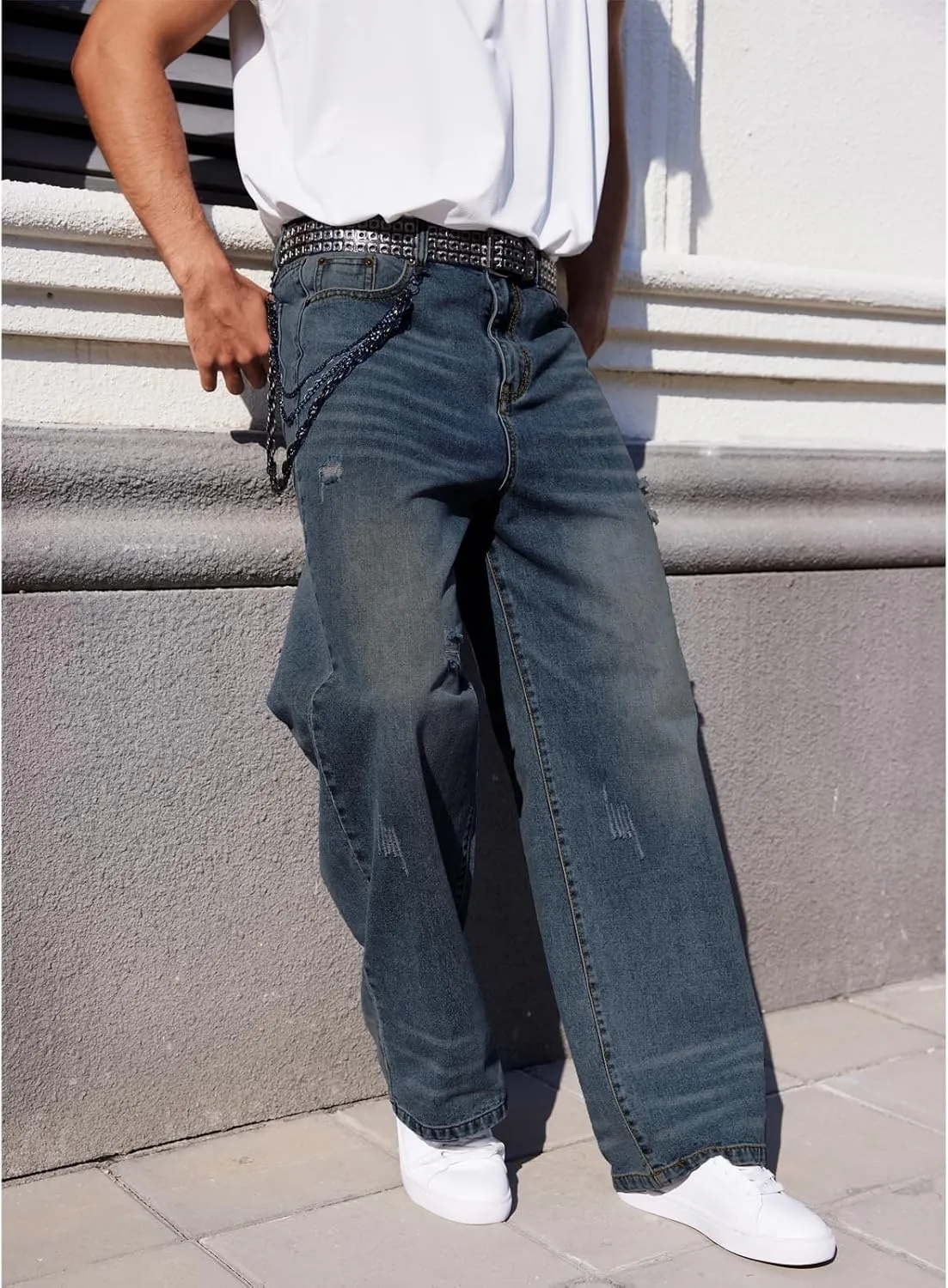 Men's Ripped Baggy Jeans Hip Hop Loose Fit Distressed Wide Leg Denim Pants Streetwear