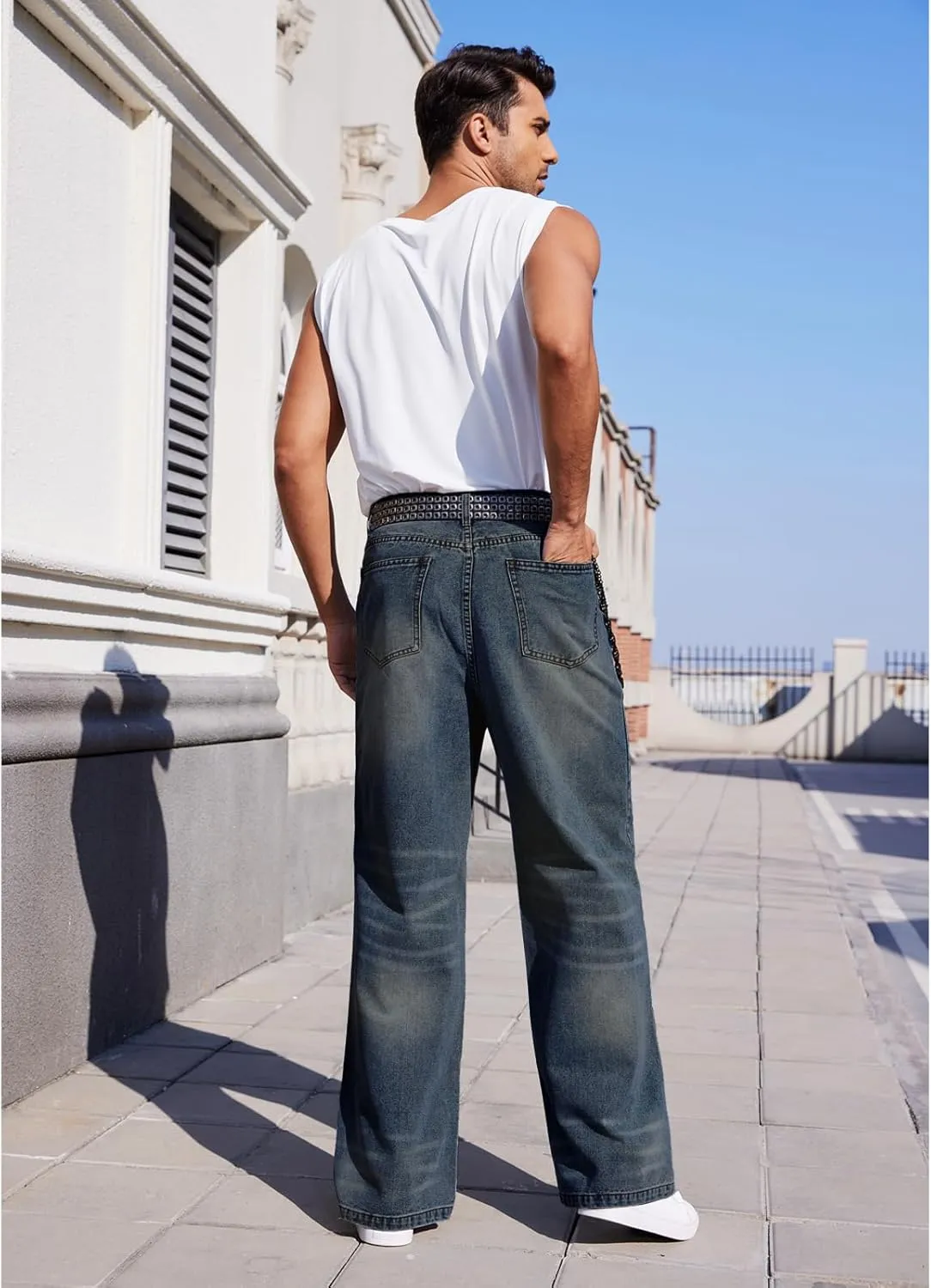 Men's Ripped Baggy Jeans Hip Hop Loose Fit Distressed Wide Leg Denim Pants Streetwear