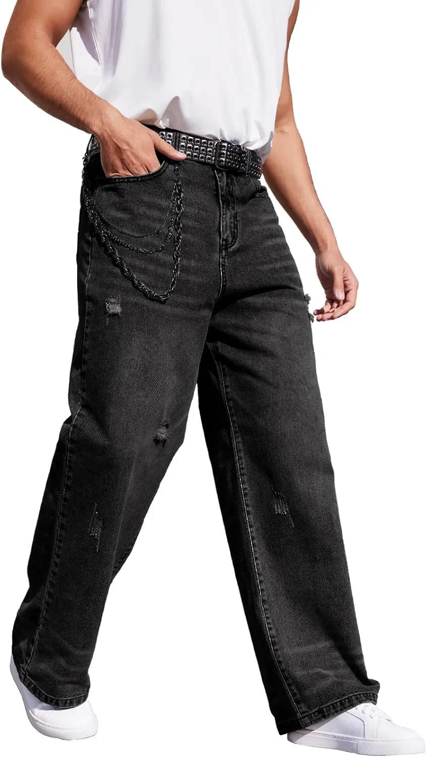 Men's Ripped Baggy Jeans Hip Hop Loose Fit Distressed Wide Leg Denim Pants Streetwear