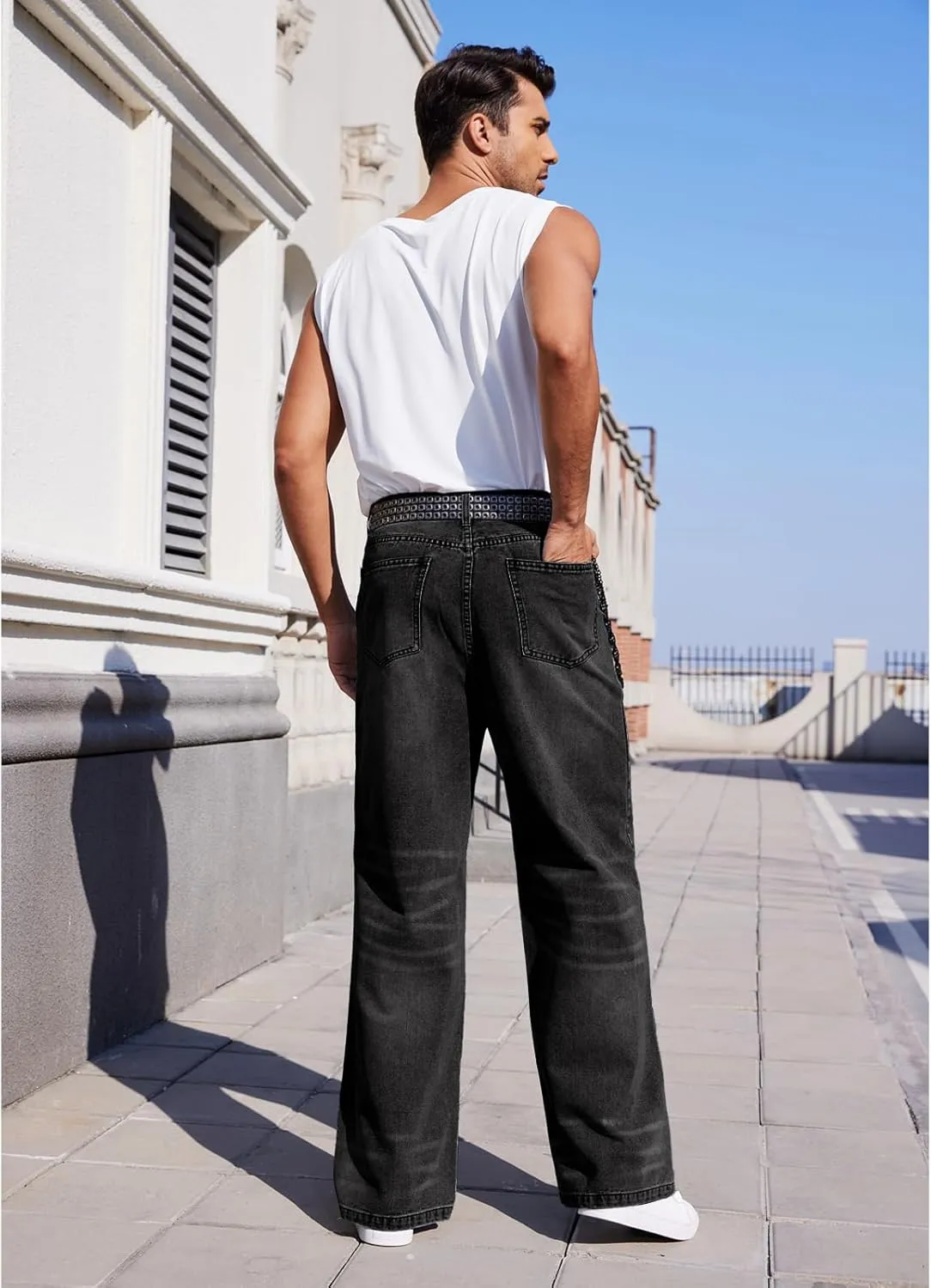 Men's Ripped Baggy Jeans Hip Hop Loose Fit Distressed Wide Leg Denim Pants Streetwear