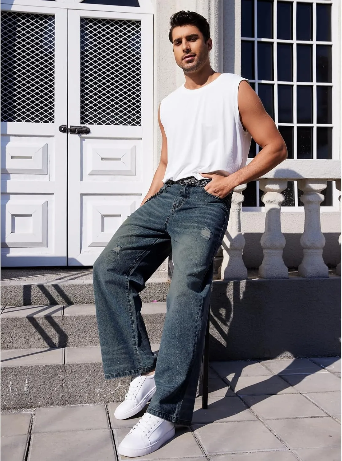 Men's Ripped Baggy Jeans Hip Hop Loose Fit Distressed Wide Leg Denim Pants Streetwear