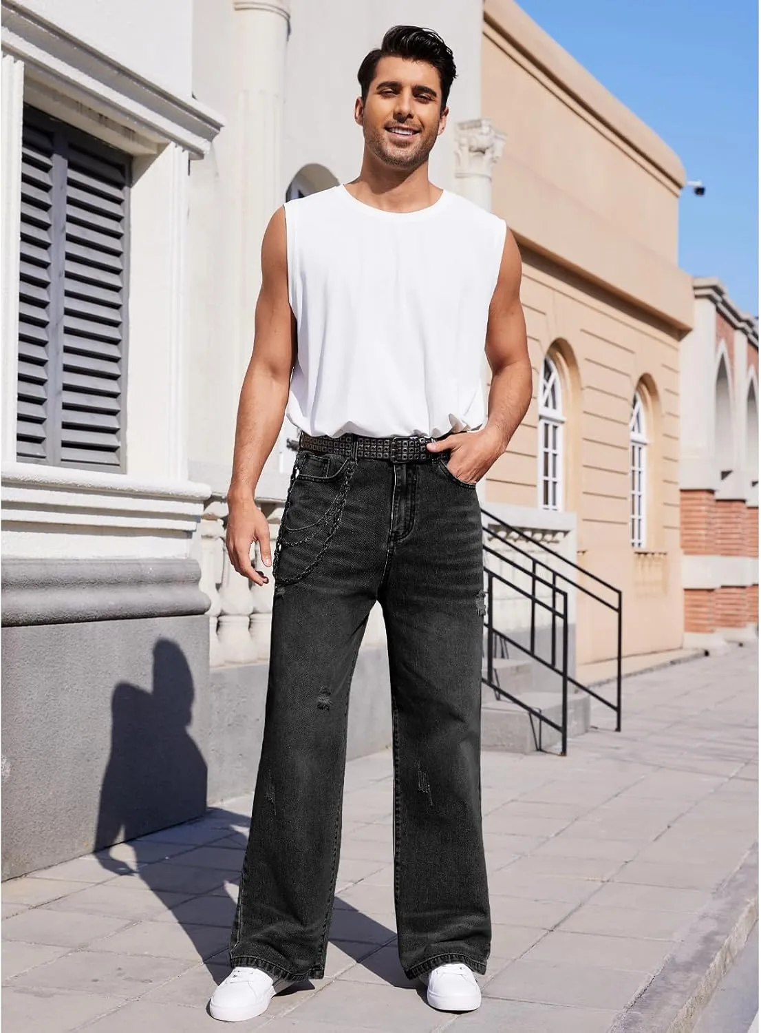 Men's Ripped Baggy Jeans Hip Hop Loose Fit Distressed Wide Leg Denim Pants Streetwear