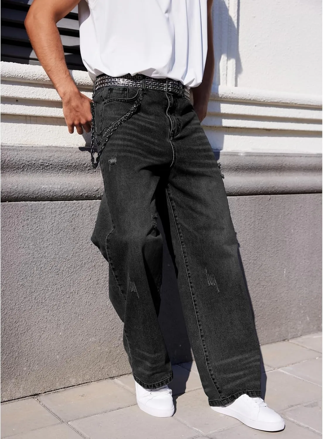 Men's Ripped Baggy Jeans Hip Hop Loose Fit Distressed Wide Leg Denim Pants Streetwear