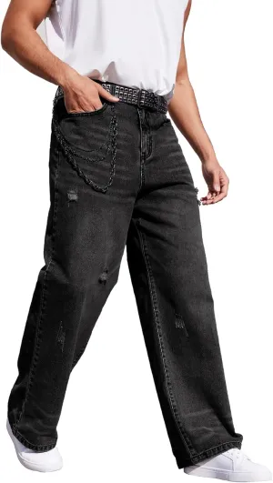 Men's Ripped Baggy Jeans Hip Hop Loose Fit Distressed Wide Leg Denim Pants Streetwear