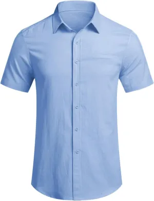 Mens Short Sleeve Dress Shirt Wrinkle Free Solid Casual Lapel Button Down Blouse Summer Beach Business Wedding Shirts