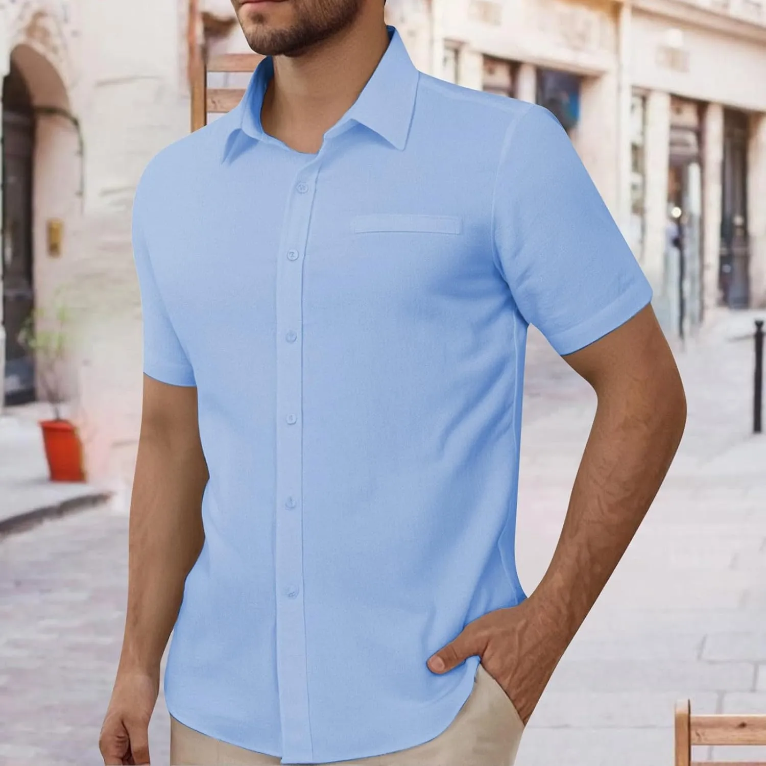 Mens Short Sleeve Dress Shirt Wrinkle Free Solid Casual Lapel Button Down Blouse Summer Beach Business Wedding Shirts