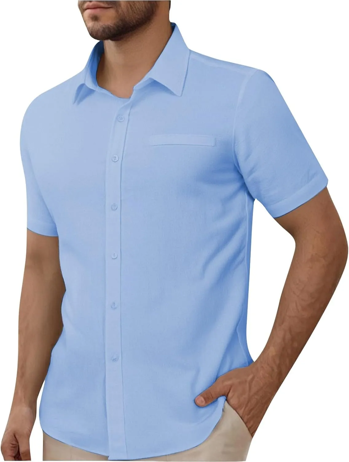 Mens Short Sleeve Dress Shirt Wrinkle Free Solid Casual Lapel Button Down Blouse Summer Beach Business Wedding Shirts