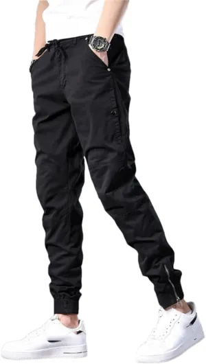 Men's Slim Fit Cotton Cargo Pants Zipper Fly Midweight Full-Length Streetwear Jogging Trousers