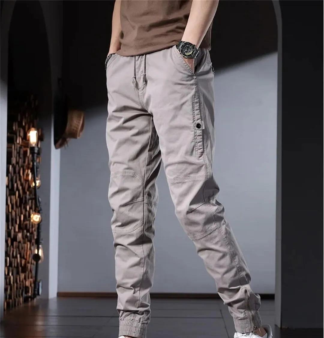 Men's Slim Fit Cotton Cargo Pants Zipper Fly Midweight Full-Length Streetwear Jogging Trousers