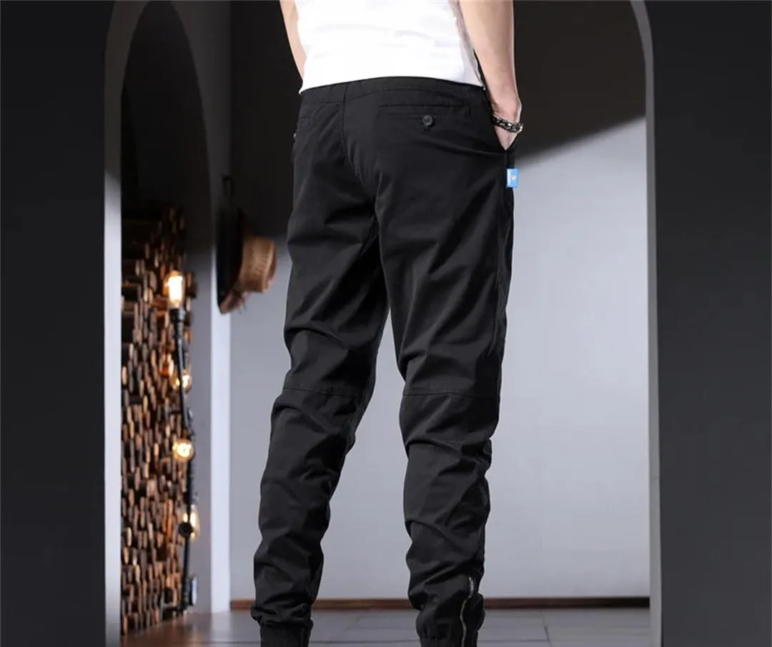 Men's Slim Fit Cotton Cargo Pants Zipper Fly Midweight Full-Length Streetwear Jogging Trousers