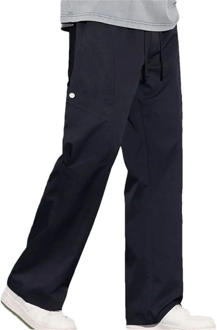 Men's Straight Leg Cargo Pants Drawstring Waist Midweight Casual Streetwear Trousers with Multiple Pockets