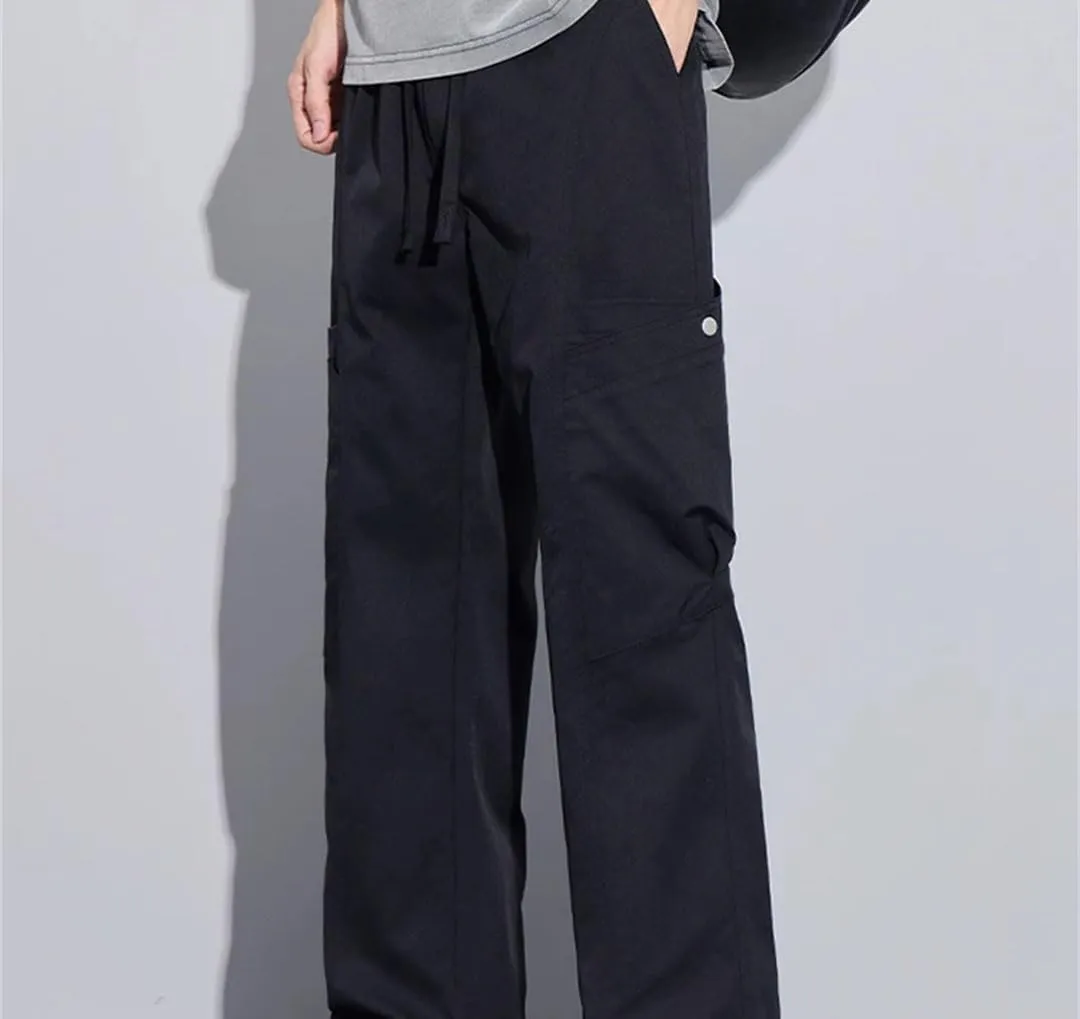 Men's Straight Leg Cargo Pants Drawstring Waist Midweight Casual Streetwear Trousers with Multiple Pockets
