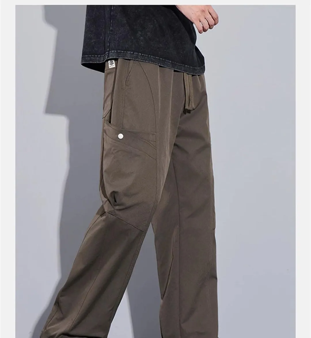 Men's Straight Leg Cargo Pants Drawstring Waist Midweight Casual Streetwear Trousers with Multiple Pockets