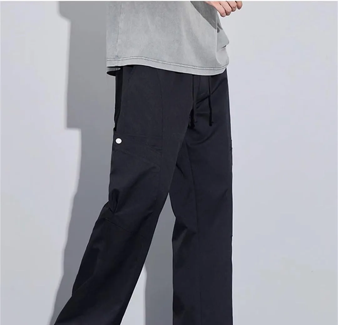 Men's Straight Leg Cargo Pants Drawstring Waist Midweight Casual Streetwear Trousers with Multiple Pockets