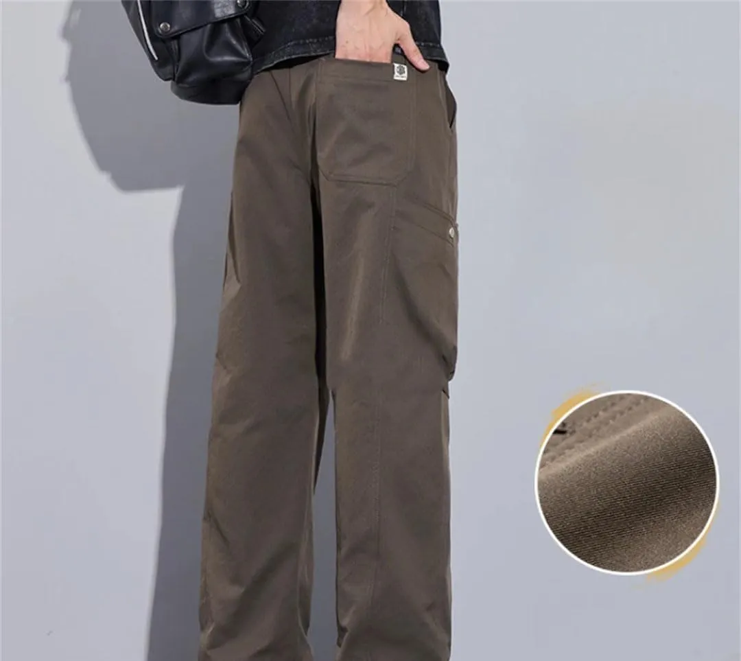 Men's Straight Leg Cargo Pants Drawstring Waist Midweight Casual Streetwear Trousers with Multiple Pockets