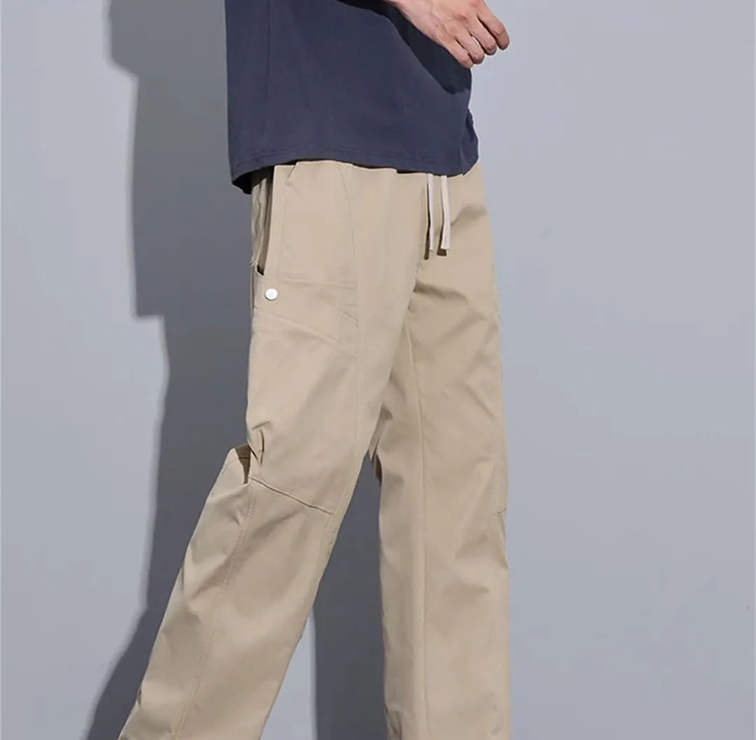 Men's Straight Leg Cargo Pants Drawstring Waist Midweight Casual Streetwear Trousers with Multiple Pockets