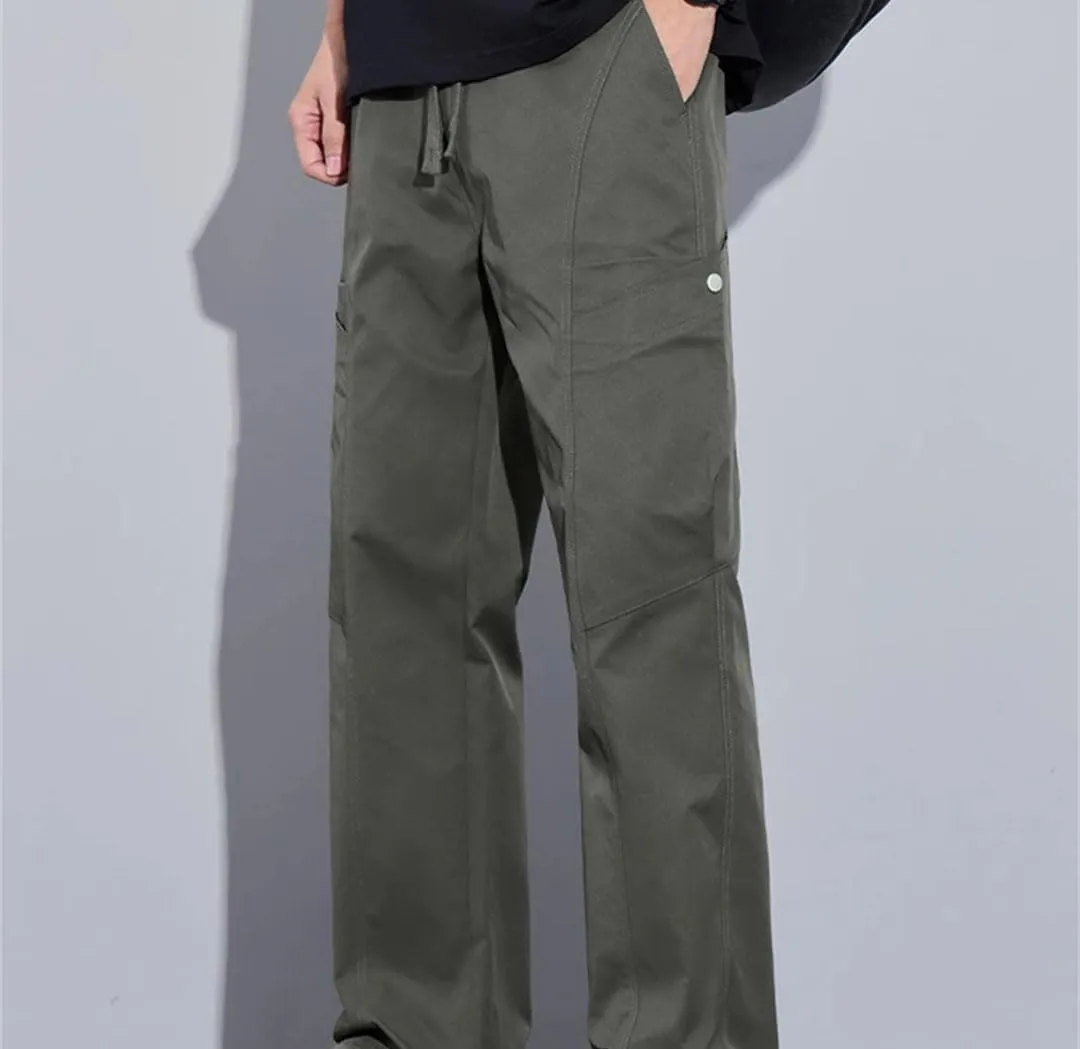 Men's Straight Leg Cargo Pants Drawstring Waist Midweight Casual Streetwear Trousers with Multiple Pockets