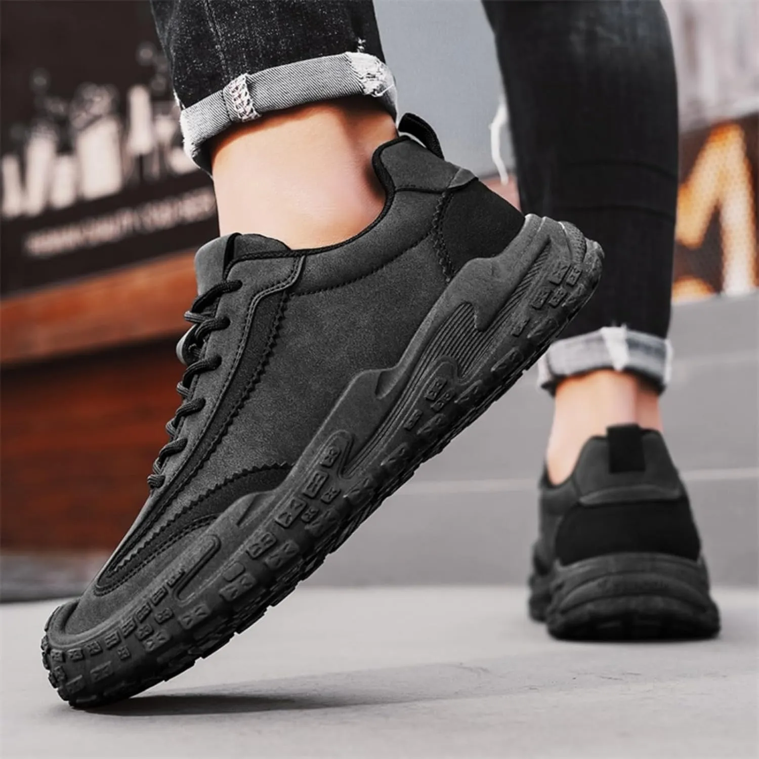 Men's Suede Leather Lace-Up Sneakers Anti-Slip Cushioned Walking Casual Shoes with Heel Pull Tab Outdoor Urban Hiking Sports Footwear for Men