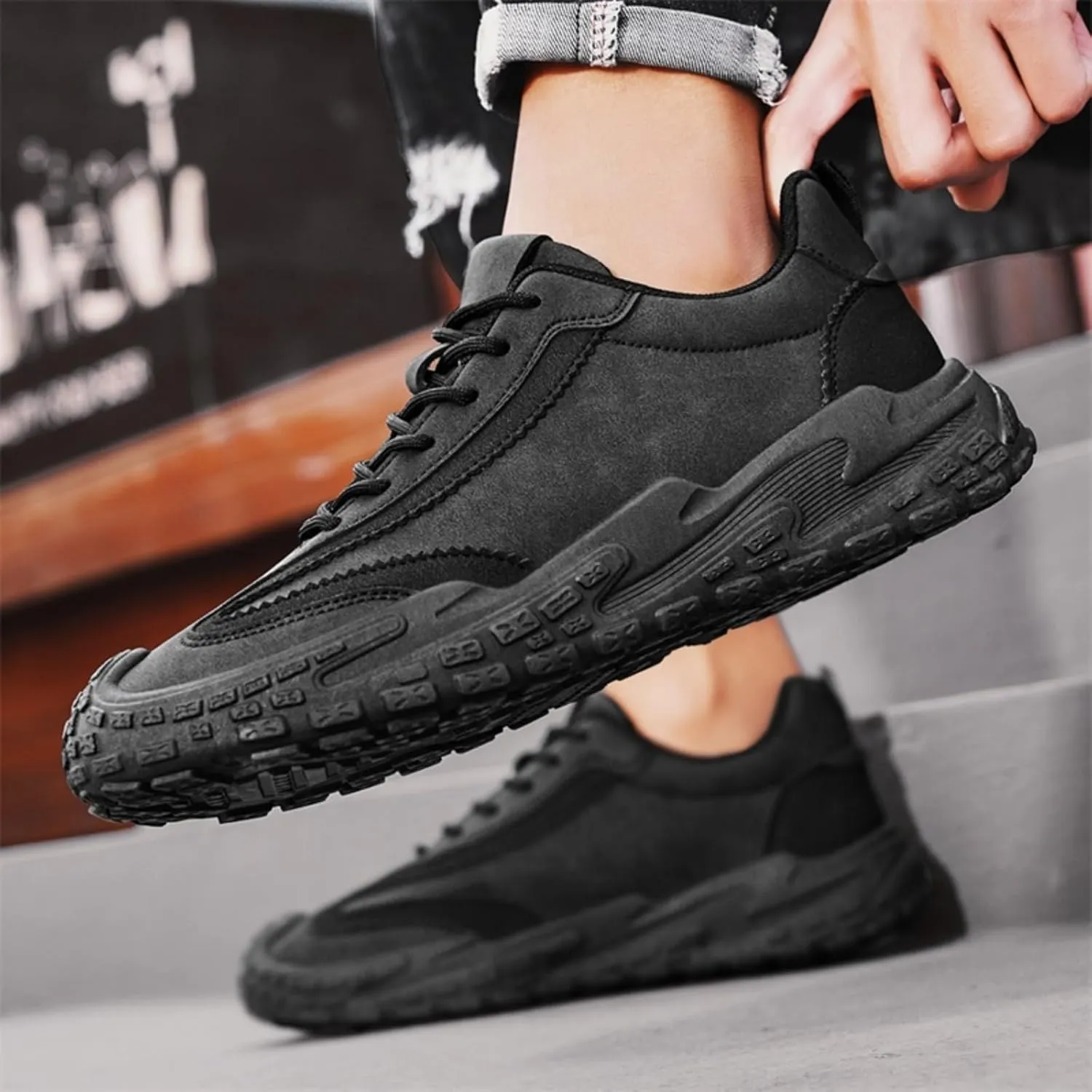 Men's Suede Leather Lace-Up Sneakers Anti-Slip Cushioned Walking Casual Shoes with Heel Pull Tab Outdoor Urban Hiking Sports Footwear for Men